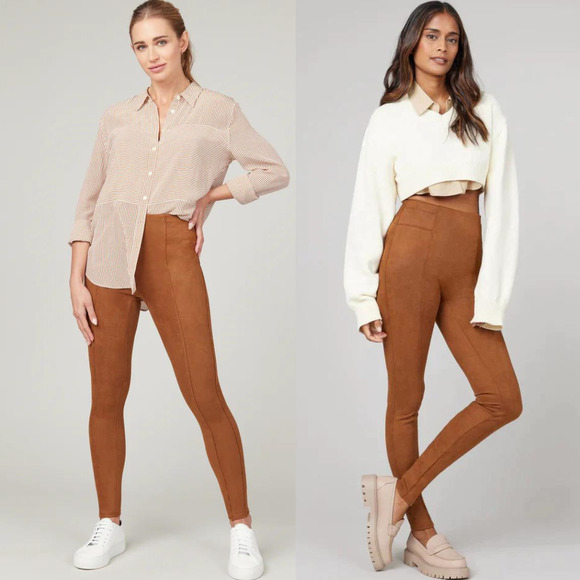 Spanx Faux Suede Leggings Rich Caramel Tan MSRP $128 NWT Slimming Control